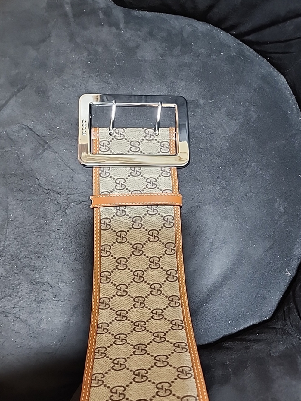 Beige GG Canvas Monogram Belt with Brown Trim and Silver Buckle - Picture 4 of 10